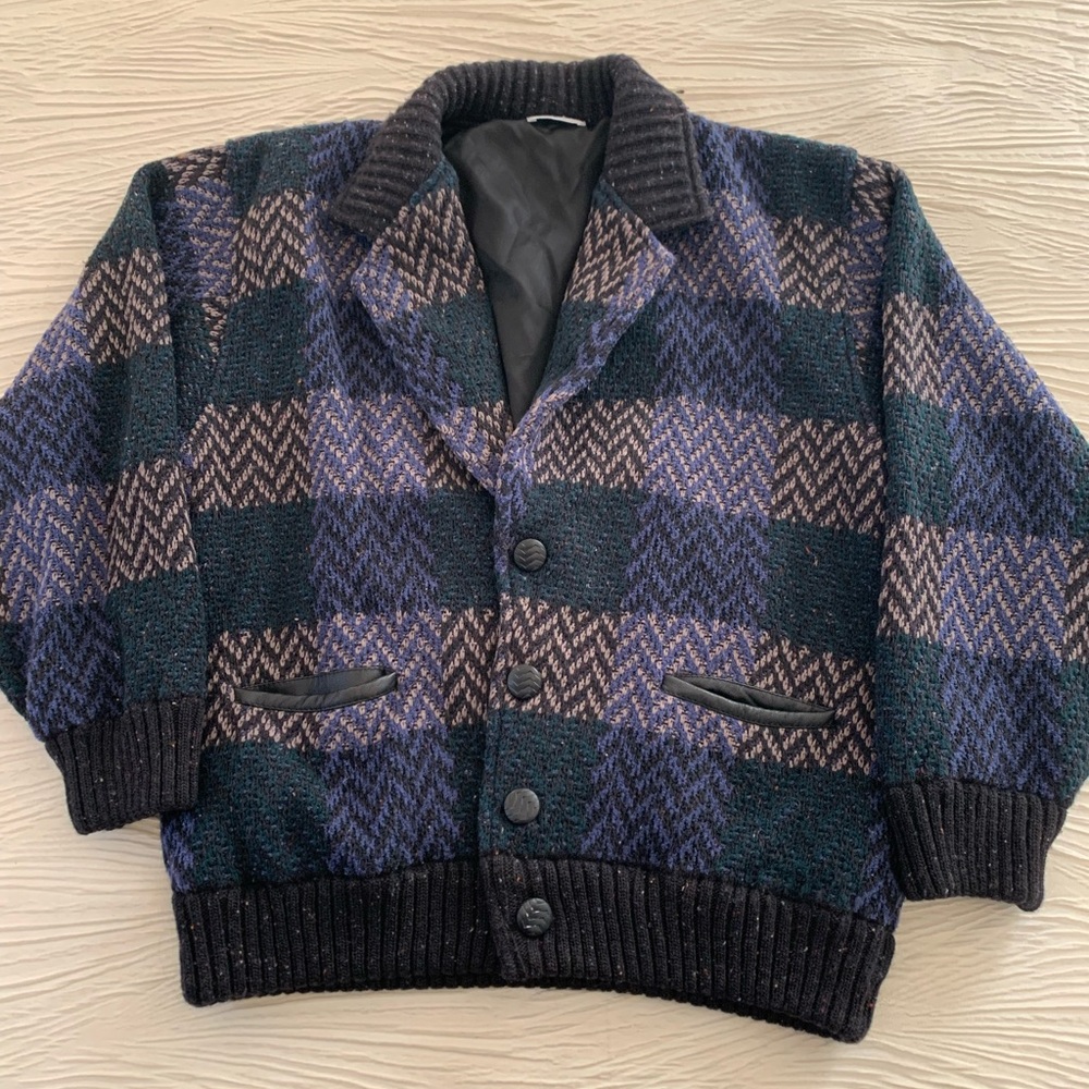 Vintage Gio Ruby Wool Blend Fully Lined Plaid Cardigan Sweater, Made in Canada